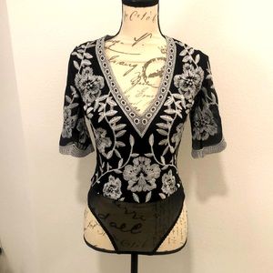 Black & Silver Bodysuit Deep V-Neck Size S